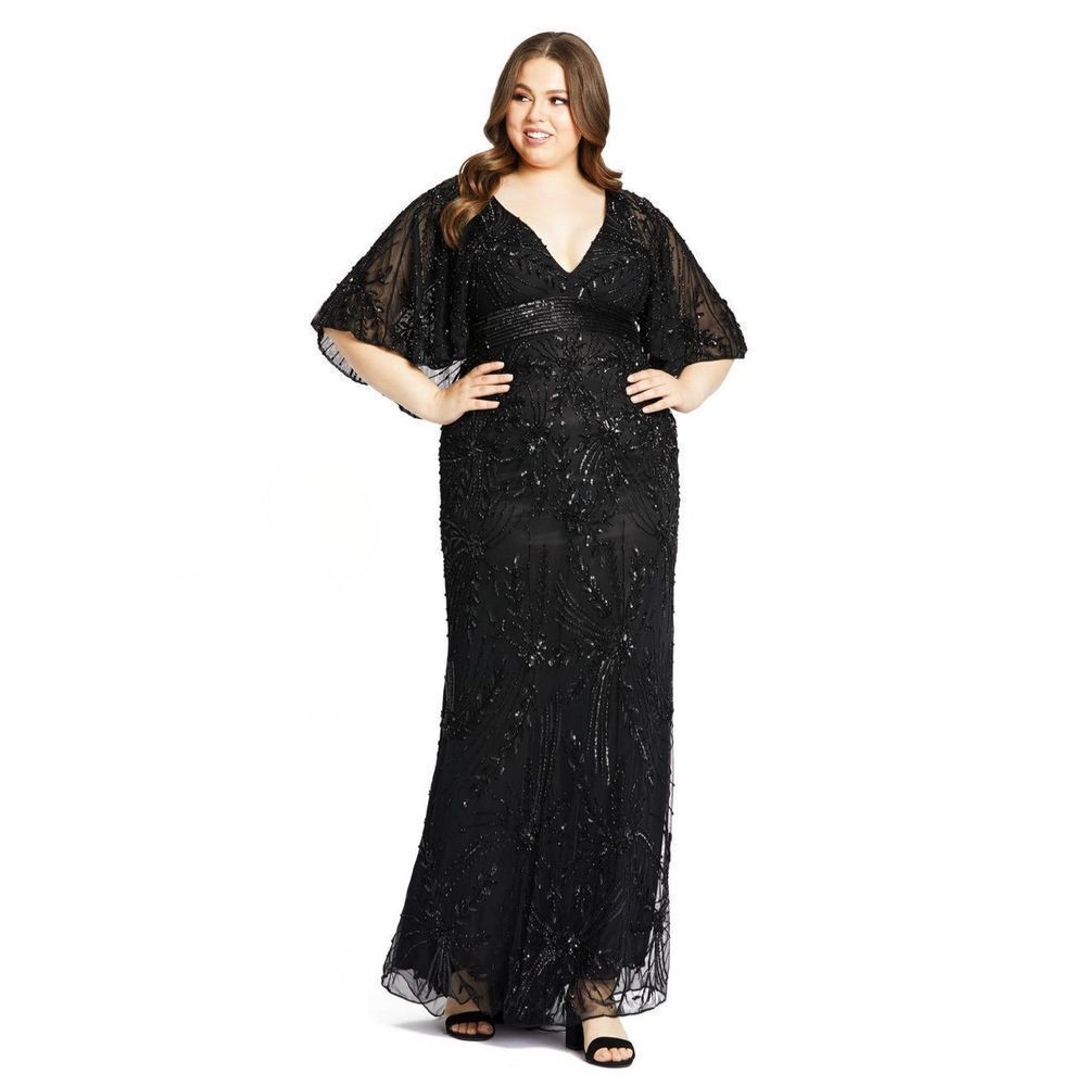 Elegant Black Sequin Evening Gown with Cape Sleeves